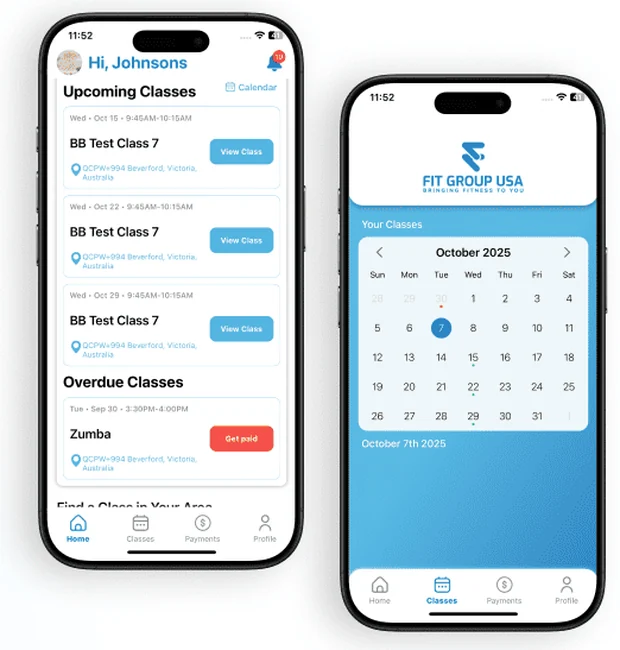 FIT GROUP USA app screens showing upcoming classes and a monthly booking calendar.