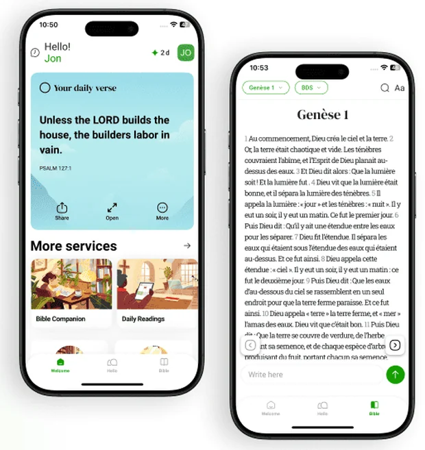 HelloBible app screens showing the daily verse home feed and a full scripture reading view.