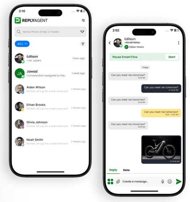 ReplyAgent app screens showing the unified conversation inbox and an automated reply thread.