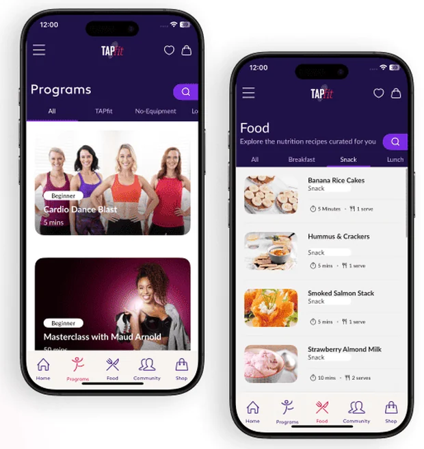 TAPfit Dance app screens showing the workout programs library and a curated nutrition feed.